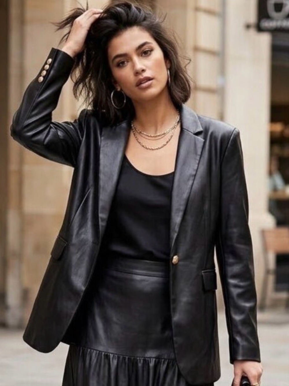 Zara Black Faux Leather Blazer Gold Buttons Size M